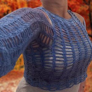 Handmade crochet distressed cold shoulder crop top long sleeves fishnet